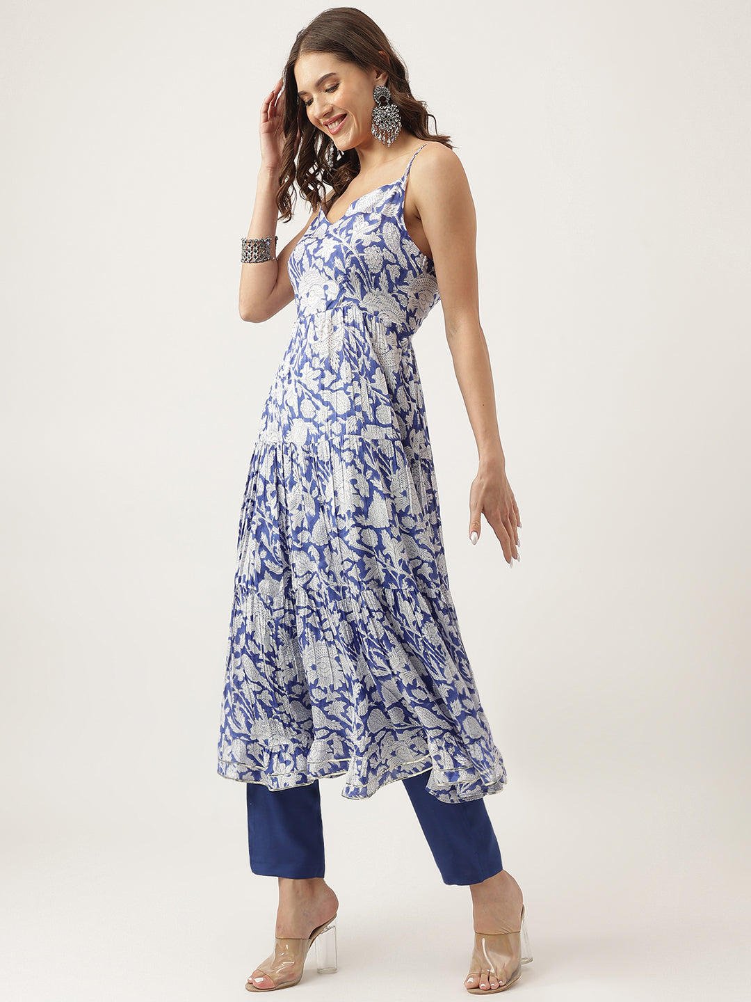 Blue Muslin Floral Printed Kurta Set Trouser & Dupatta For Women