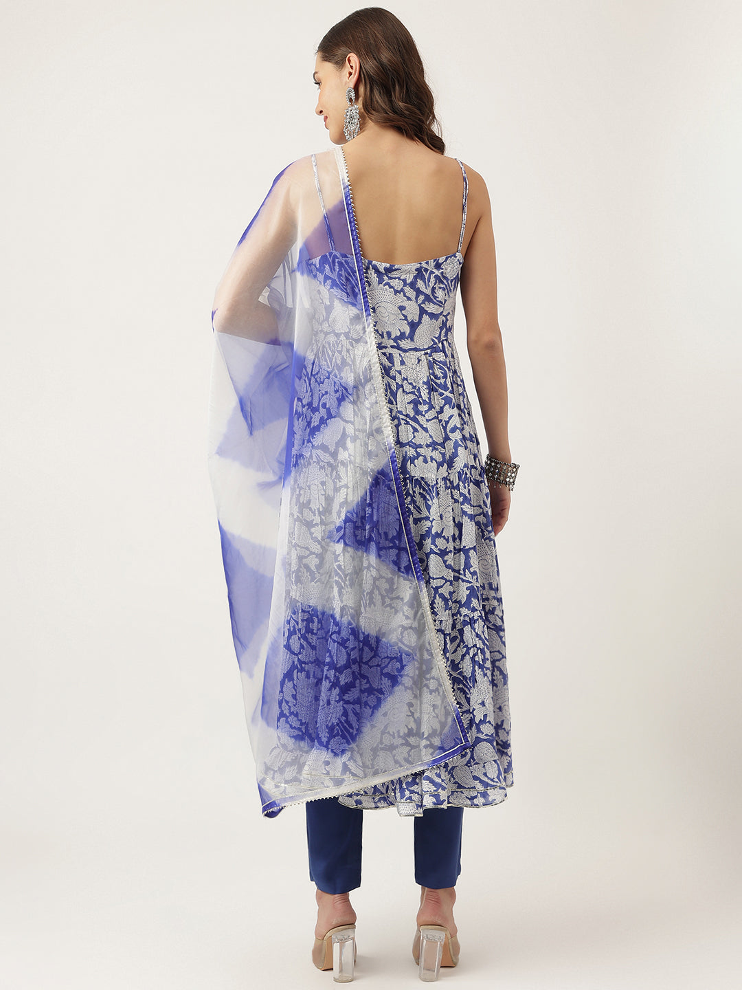 Blue Muslin Floral Printed Kurta Set Trouser & Dupatta For Women