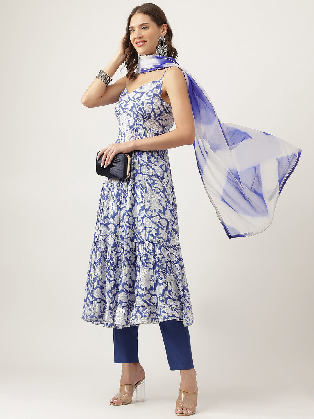 Blue Muslin Floral Printed Kurta Set Trouser & Dupatta For Women