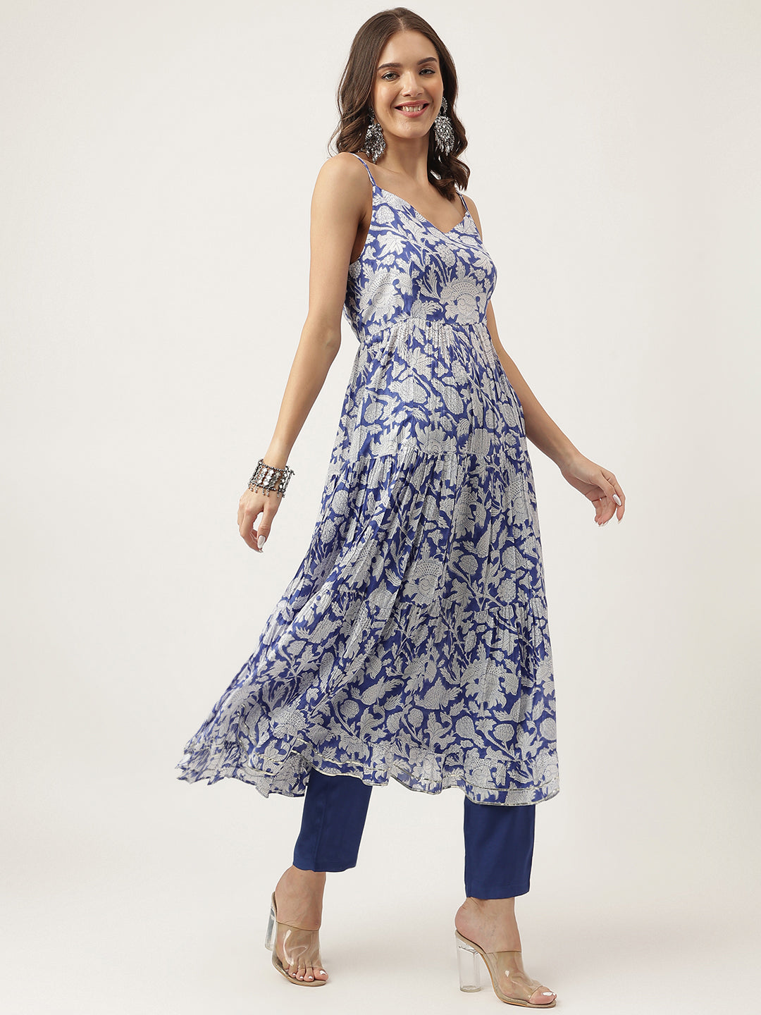 Blue Muslin Floral Printed Kurta Set Trouser & Dupatta For Women
