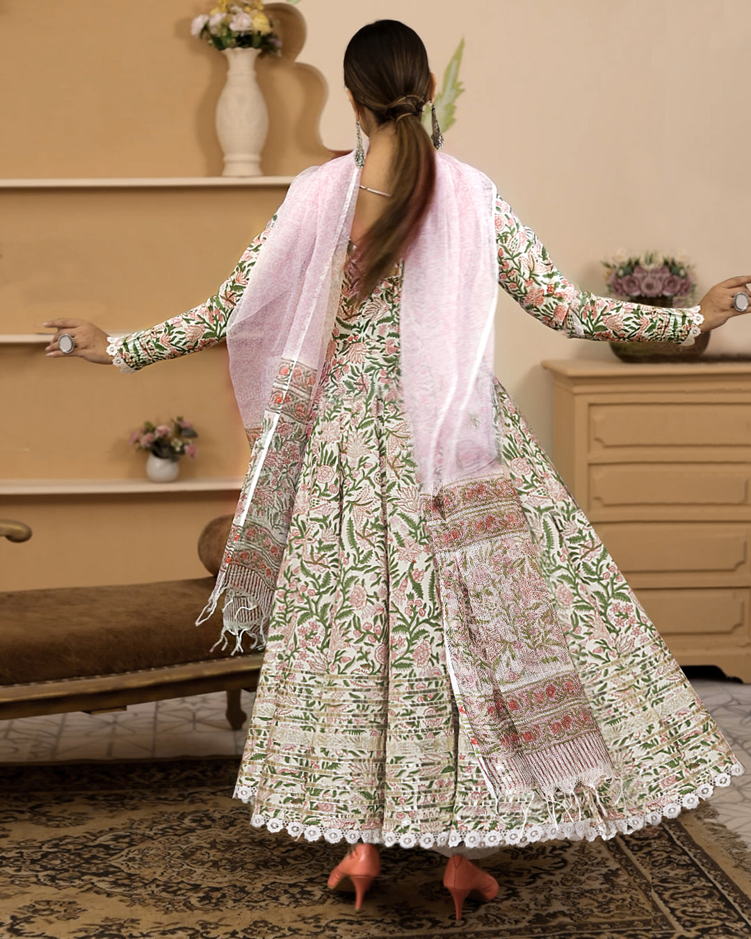 Handblock Printed Green Anarkali Cotton Kurta Set, Trousers & Dupatta For Women