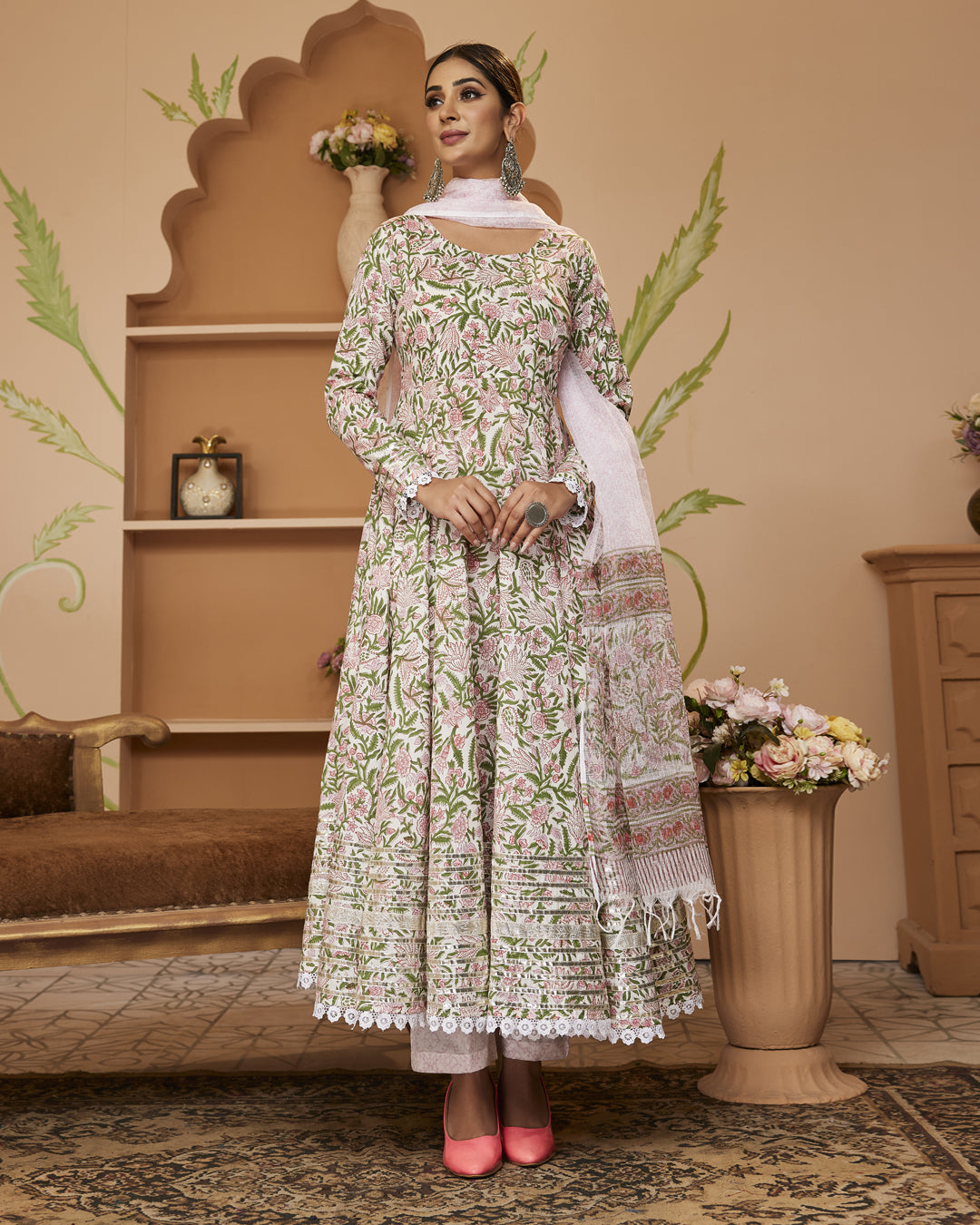 Handblock Printed Green Anarkali Cotton Kurta Set, Trousers & Dupatta For Women