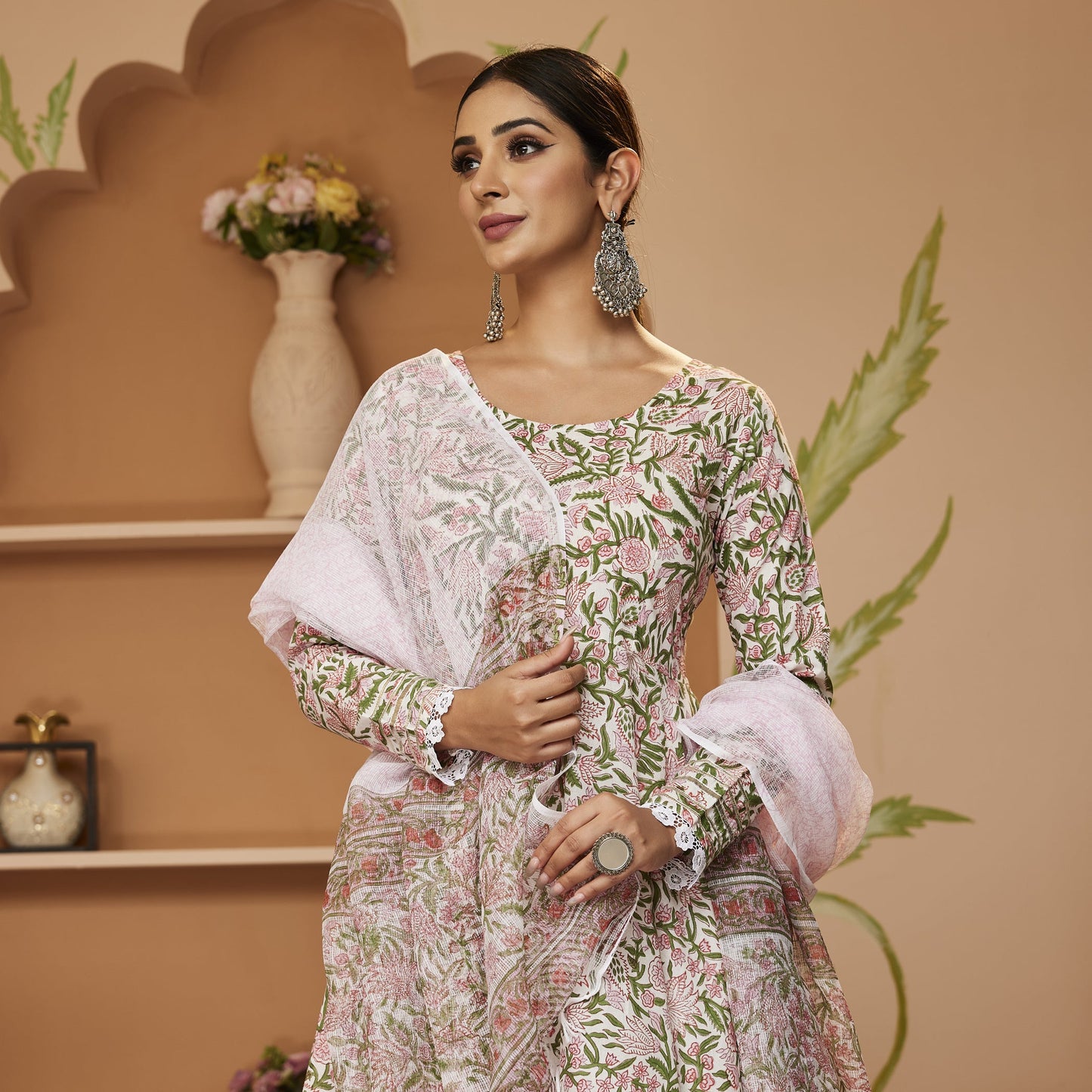 Handblock Printed Green Anarkali Cotton Kurta Set, Trousers & Dupatta For Women