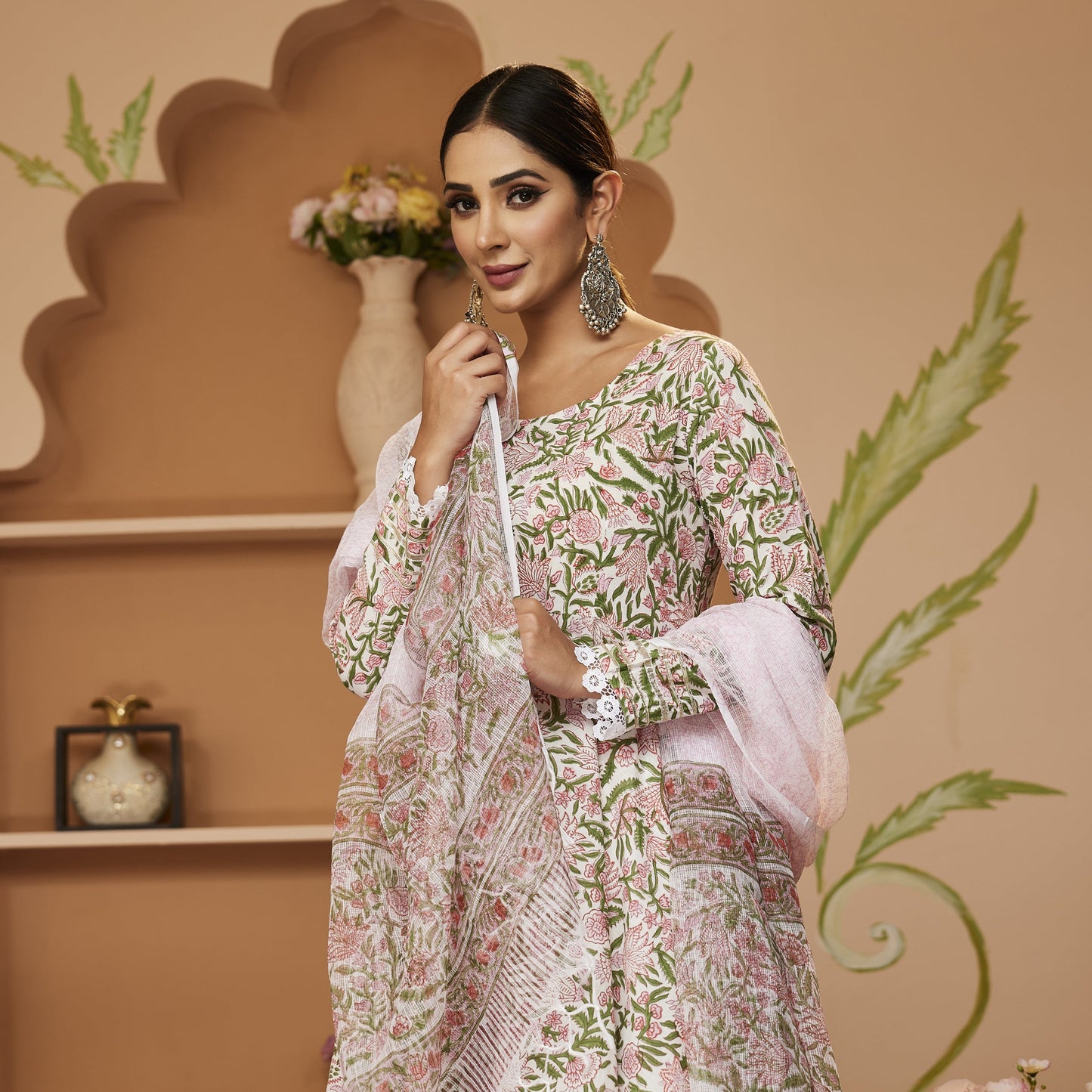 Handblock Printed Green Anarkali Cotton Kurta Set, Trousers & Dupatta For Women