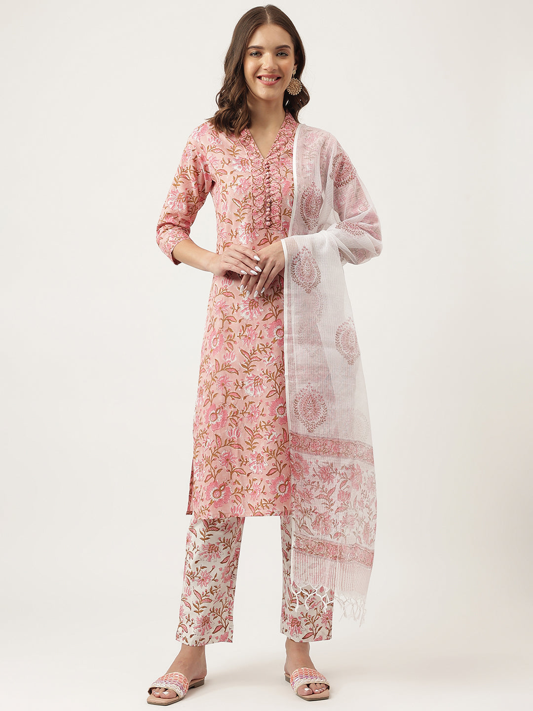 Pink hand block Floral Printed Cotton Kurta Set For Women, trousers with Dupatta Set