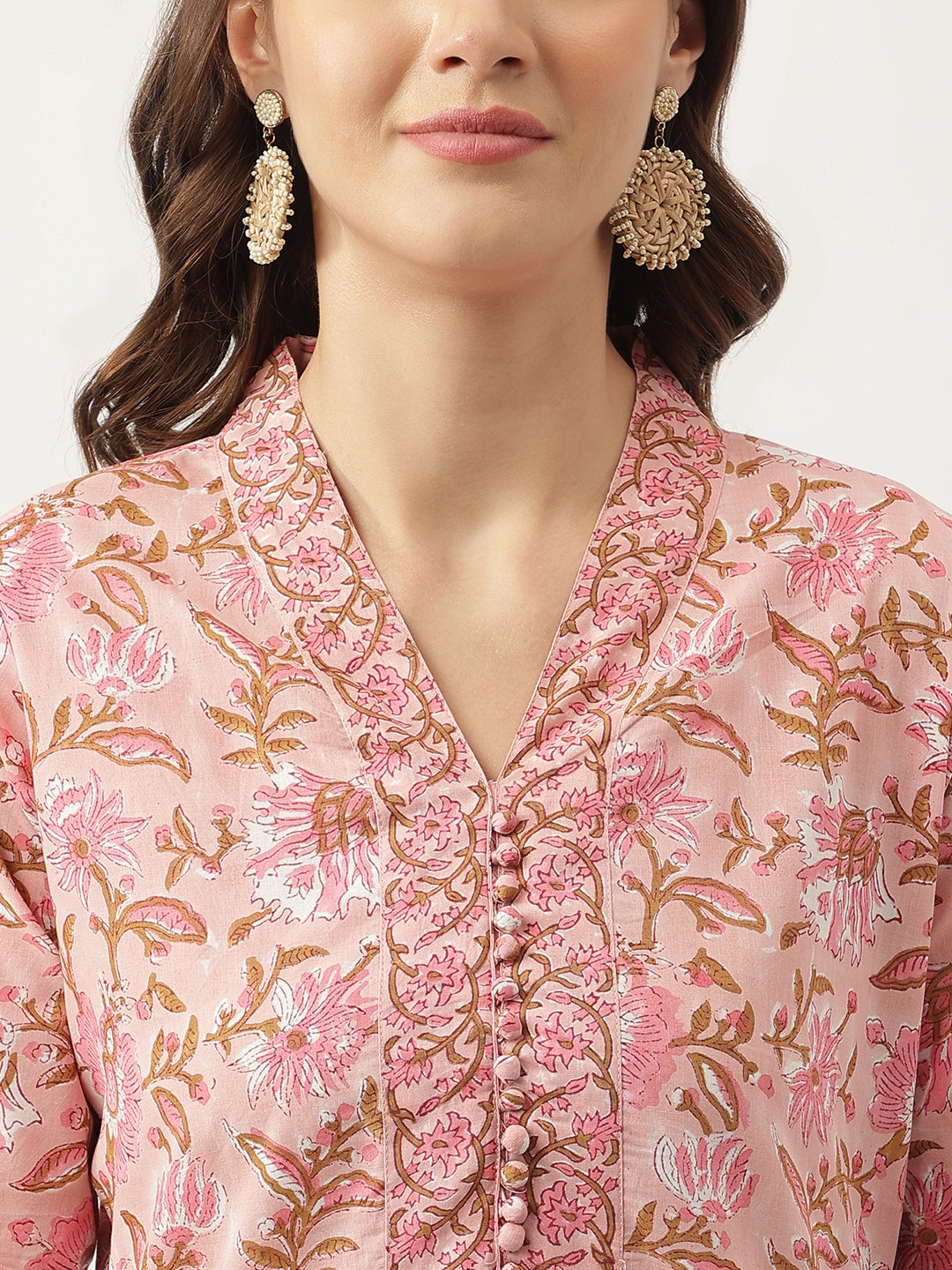 Pink hand block Floral Printed Cotton Kurta Set For Women, trousers with Dupatta Set