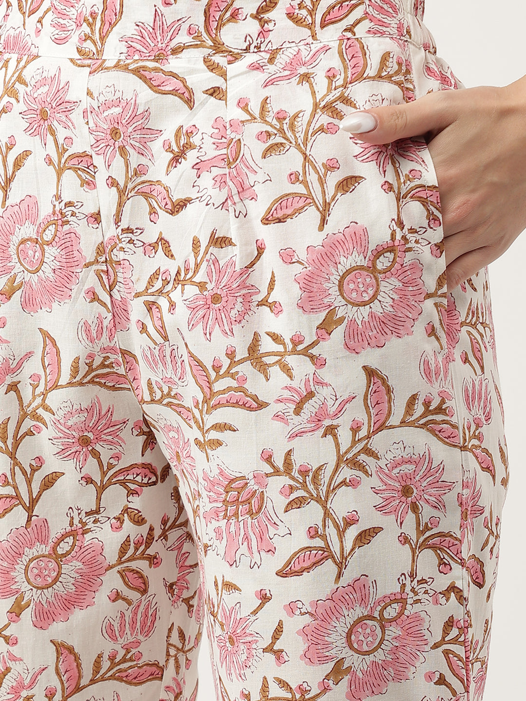 Pink hand block Floral Printed Cotton Kurta Set For Women, trousers with Dupatta Set