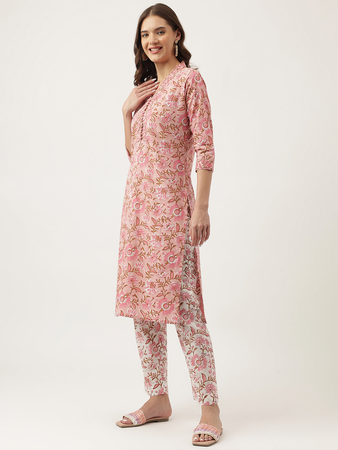 Pink hand block Floral Printed Cotton Kurta Set For Women, trousers with Dupatta Set