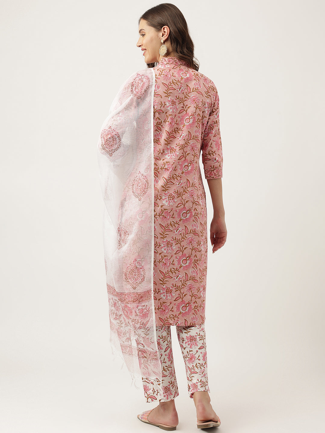 Pink hand block Floral Printed Cotton Kurta Set For Women, trousers with Dupatta Set