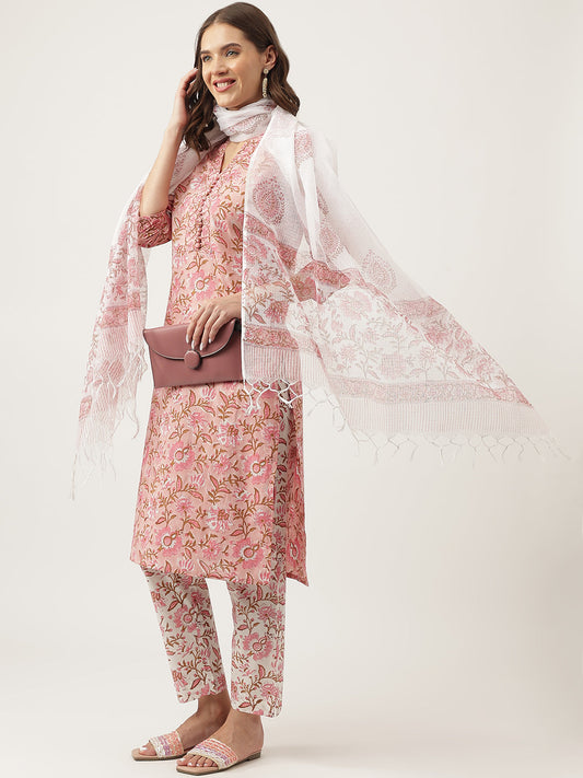 Divena Pink hand block Floral Printed Cotton Kurta, trousers with Dupatta Set