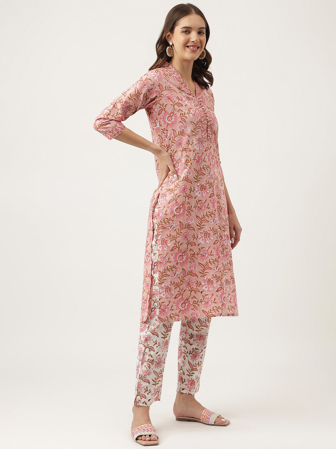 Pink hand block Floral Printed Cotton Kurta Set For Women, trousers with Dupatta Set