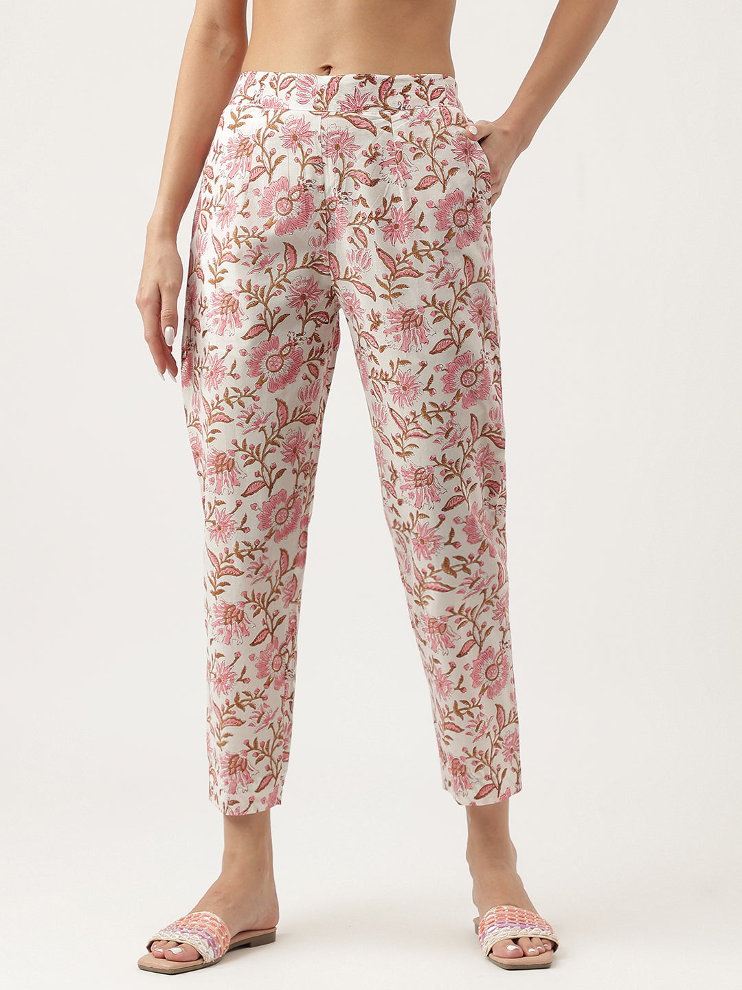 Pink hand block Floral Printed Cotton Kurta Set For Women, trousers with Dupatta Set