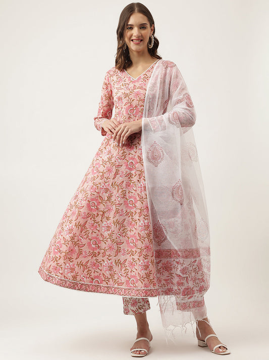 Divena Pink Floral HandBlock Printed Cotton Anarkali Kurta, trouser with Dupatta Set
