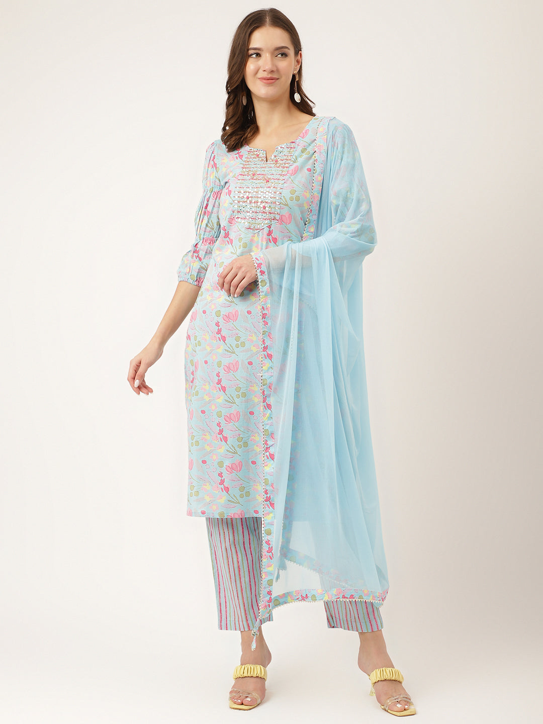 Blue Floral Print Cotton Kurta Set With Trouser & Dupatta For Women