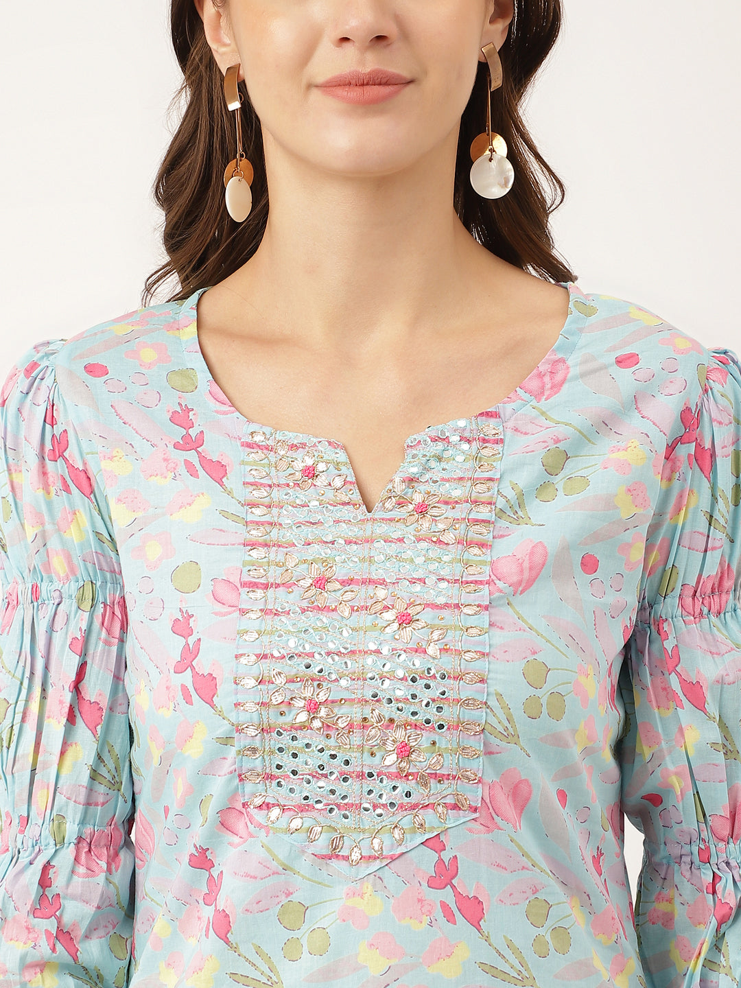Blue Floral Print Cotton Kurta Set With Trouser & Dupatta For Women