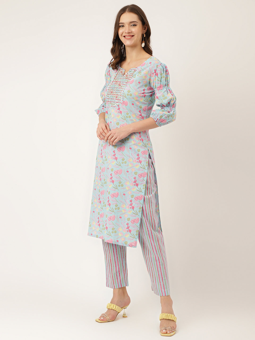 Blue Floral Print Cotton Kurta Set With Trouser & Dupatta For Women