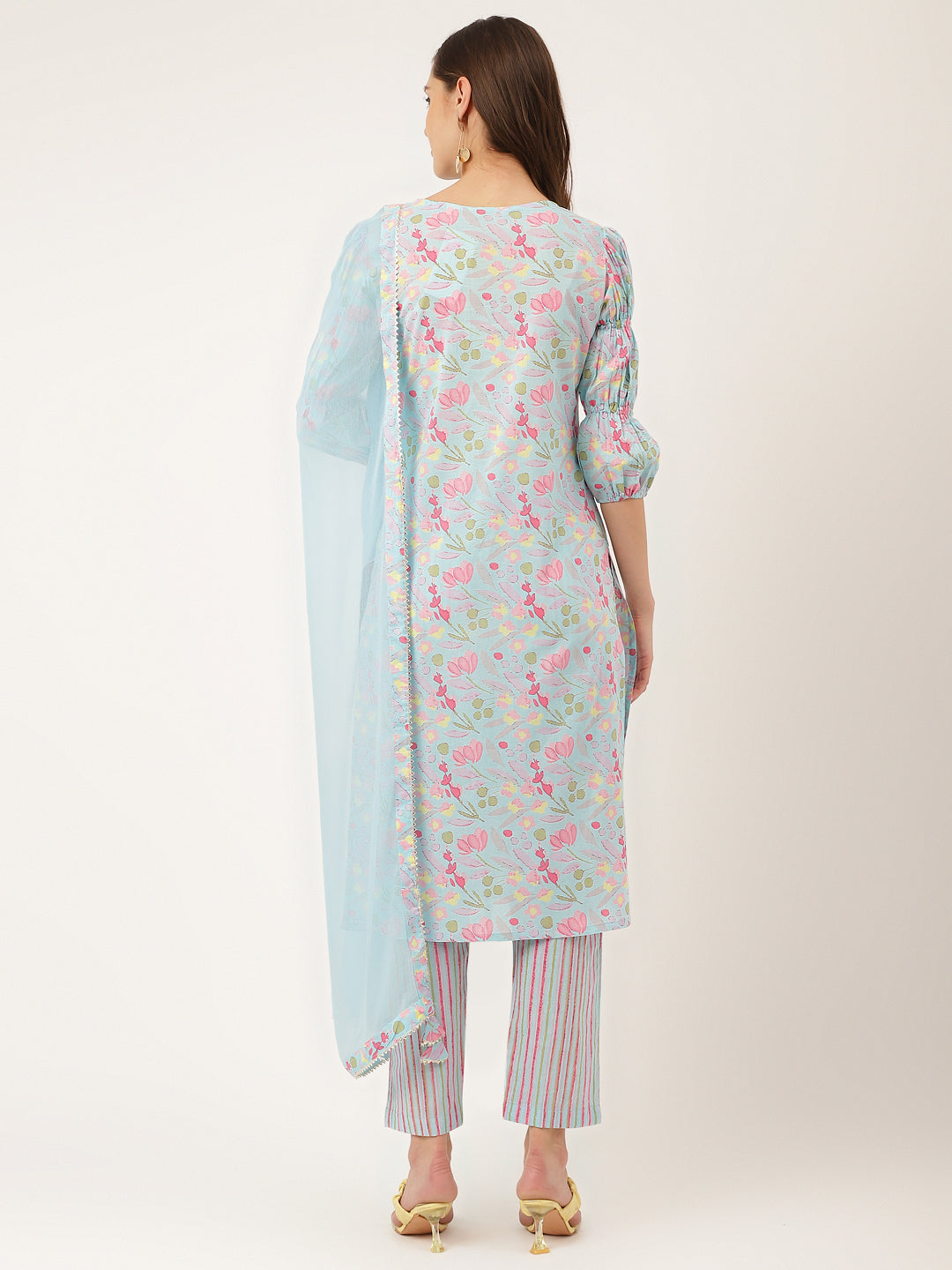 Blue Floral Print Cotton Kurta Set With Trouser & Dupatta For Women