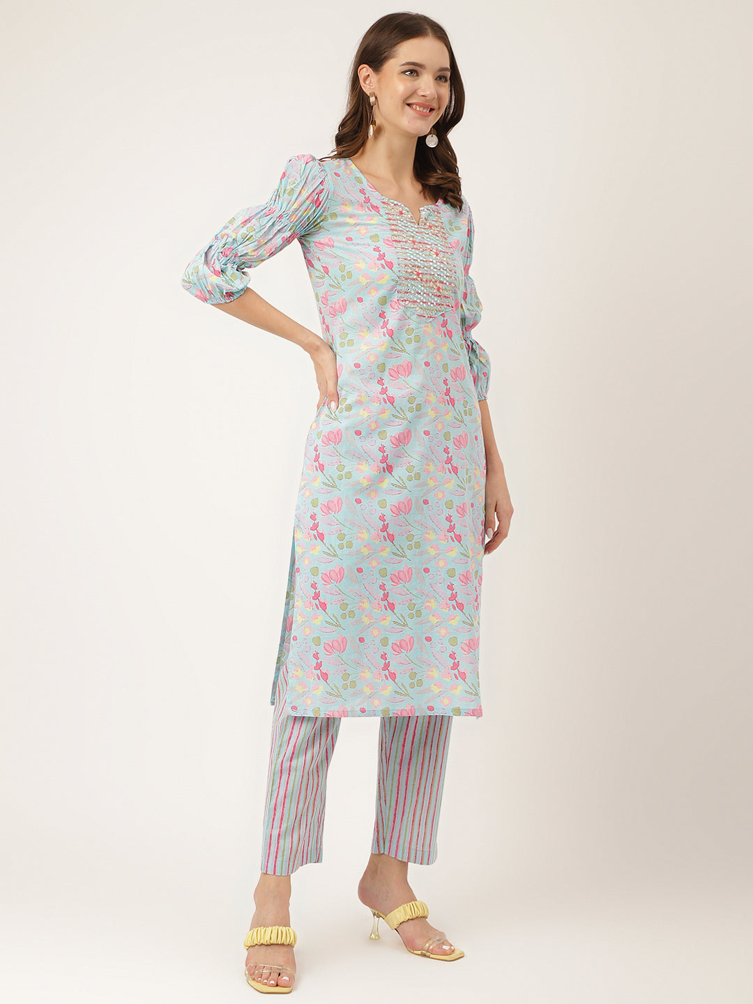 Blue Floral Print Cotton Kurta Set With Trouser & Dupatta For Women