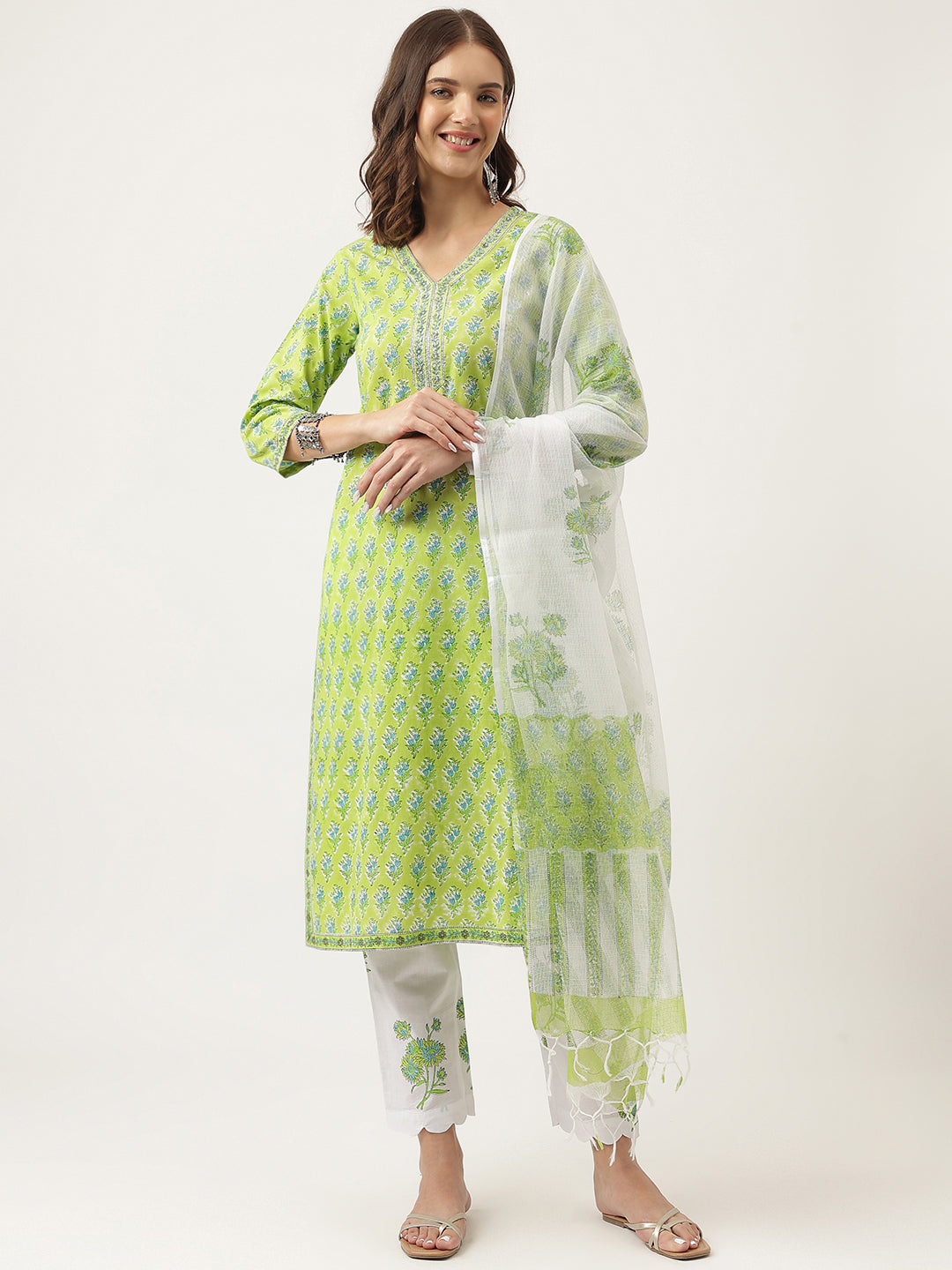 Green Handblock Floral Printed Kurta Set, Trouser & Kota Doria Dupatta