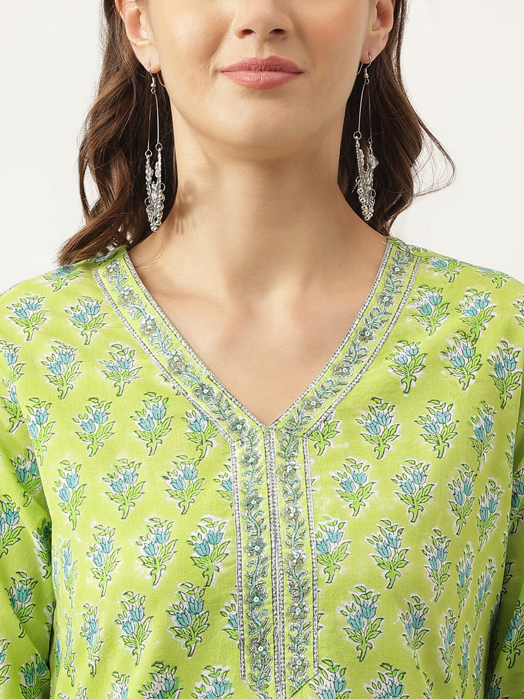 Green Handblock Floral Printed Kurta Set, Trouser & Kota Doria Dupatta