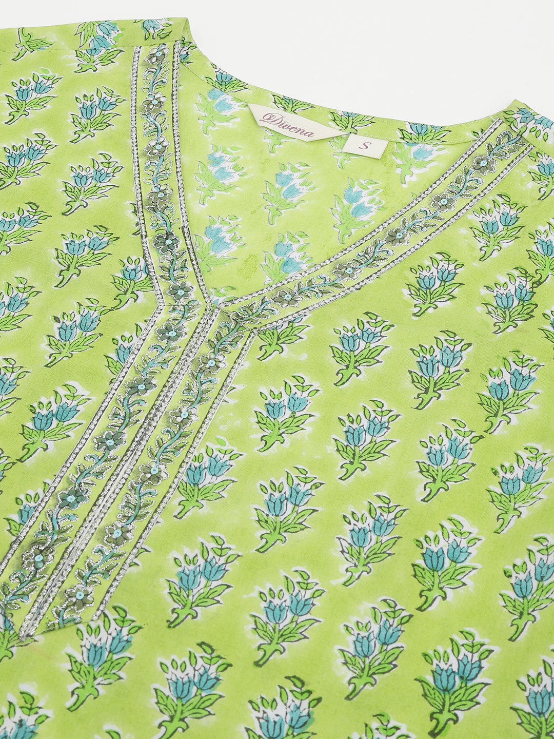 Green Handblock Floral Printed Kurta Set, Trouser & Kota Doria Dupatta