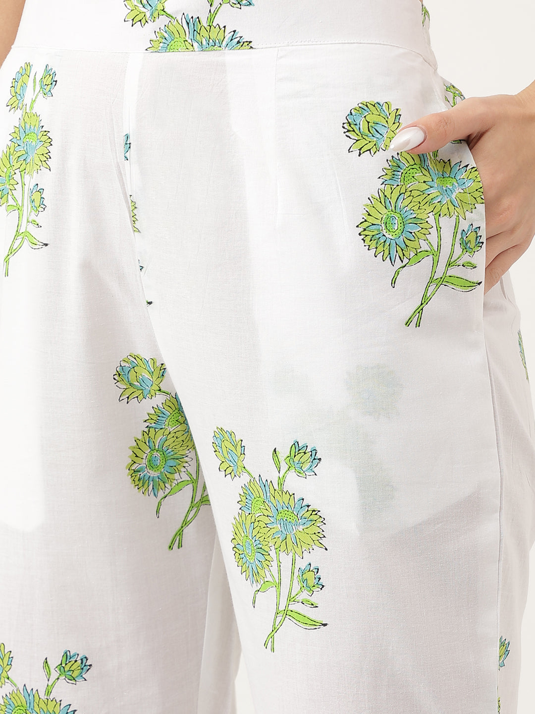 Green Handblock Floral Printed Kurta Set, Trouser & Kota Doria Dupatta