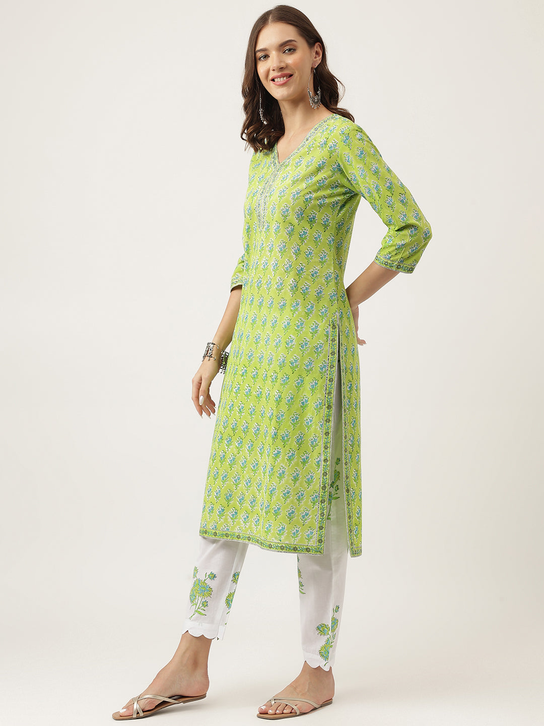 Green Handblock Floral Printed Kurta Set, Trouser & Kota Doria Dupatta