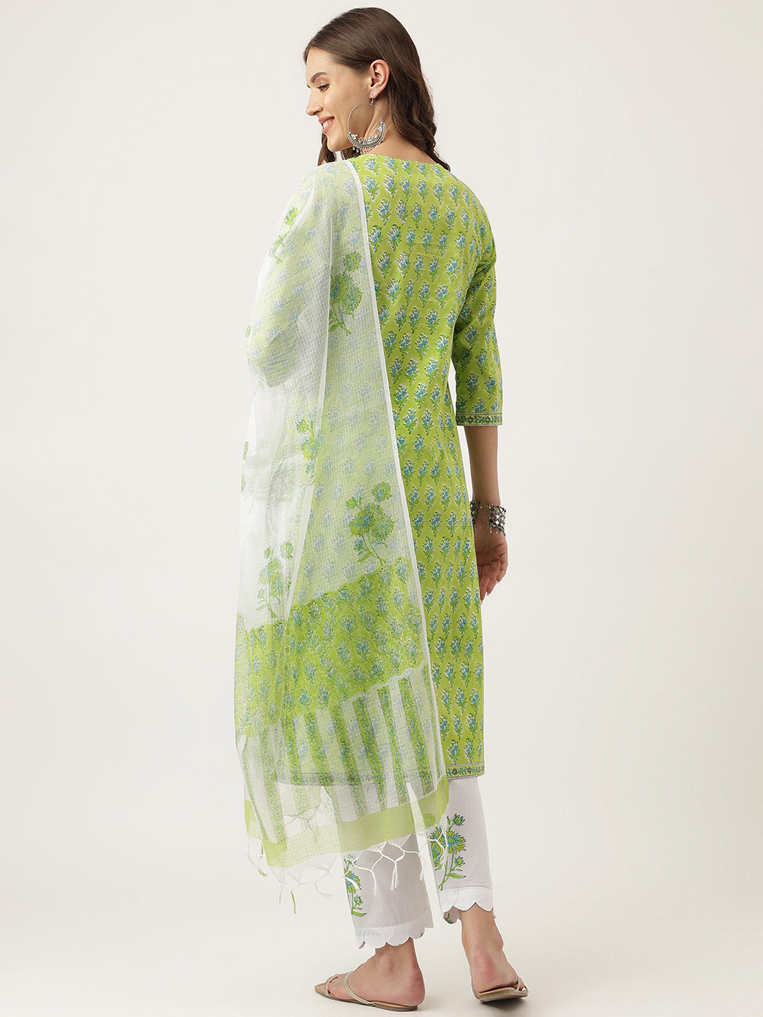 Green Handblock Floral Printed Kurta Set, Trouser & Kota Doria Dupatta