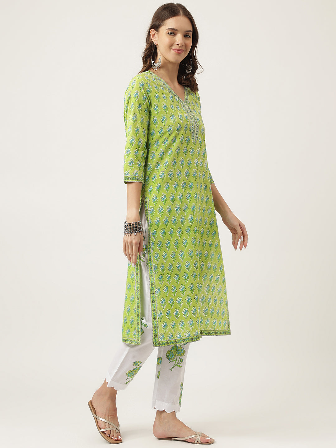 Green Handblock Floral Printed Kurta Set, Trouser & Kota Doria Dupatta