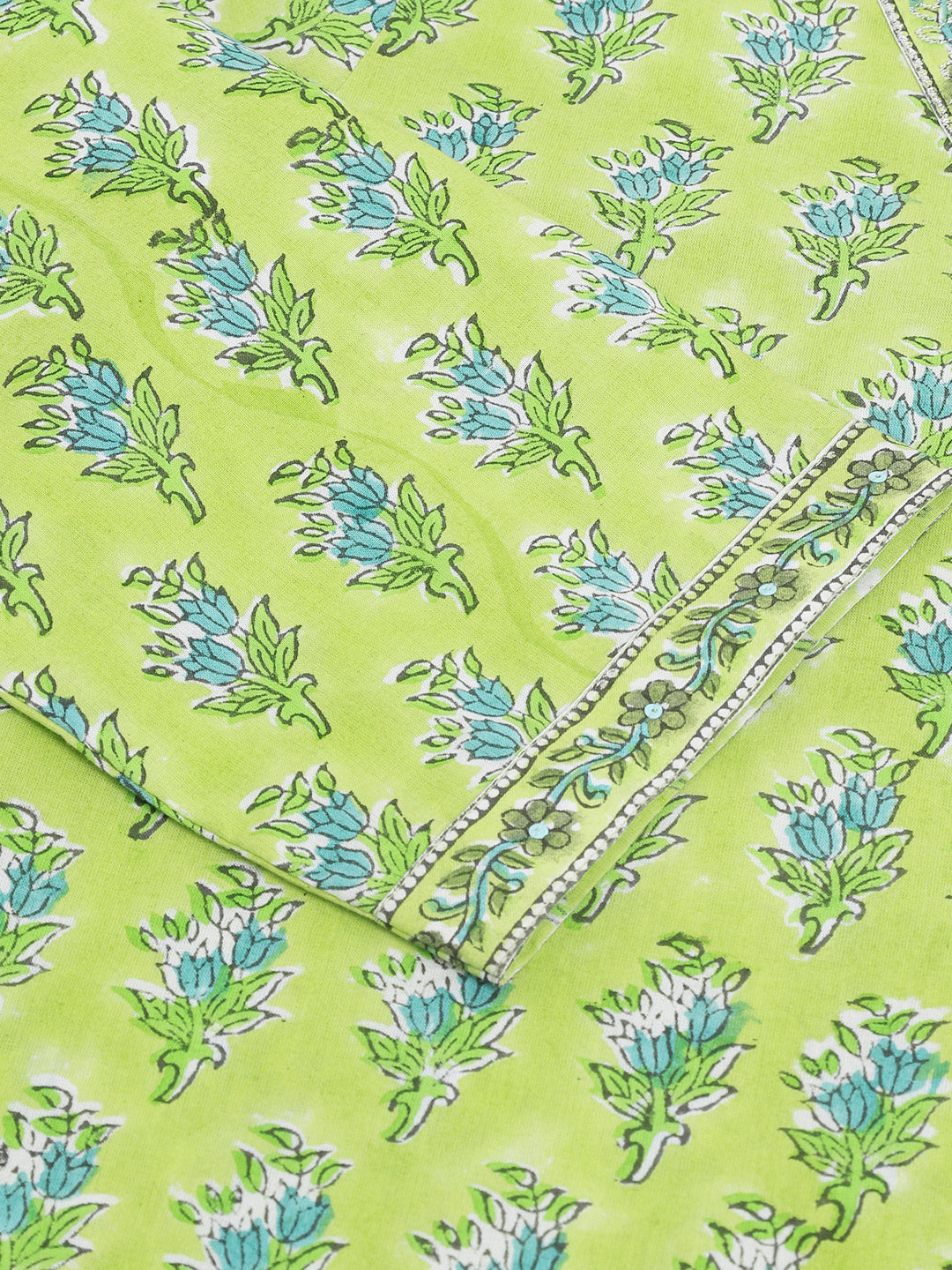 Green Handblock Floral Printed Kurta Set, Trouser & Kota Doria Dupatta