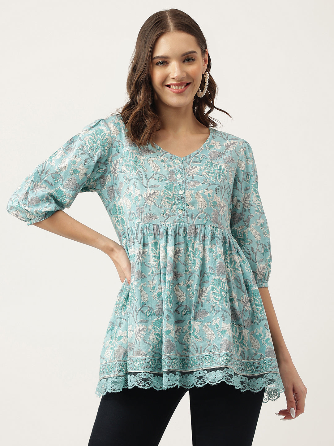 Divena Light Blue Floral Printed Cotton Peplum Fit Top