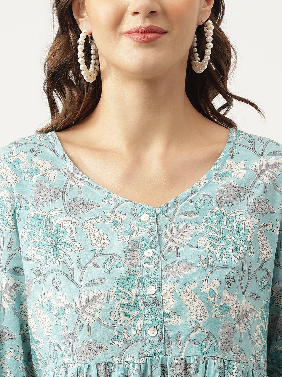 Divena Light Blue Floral Printed Cotton Peplum Fit Top