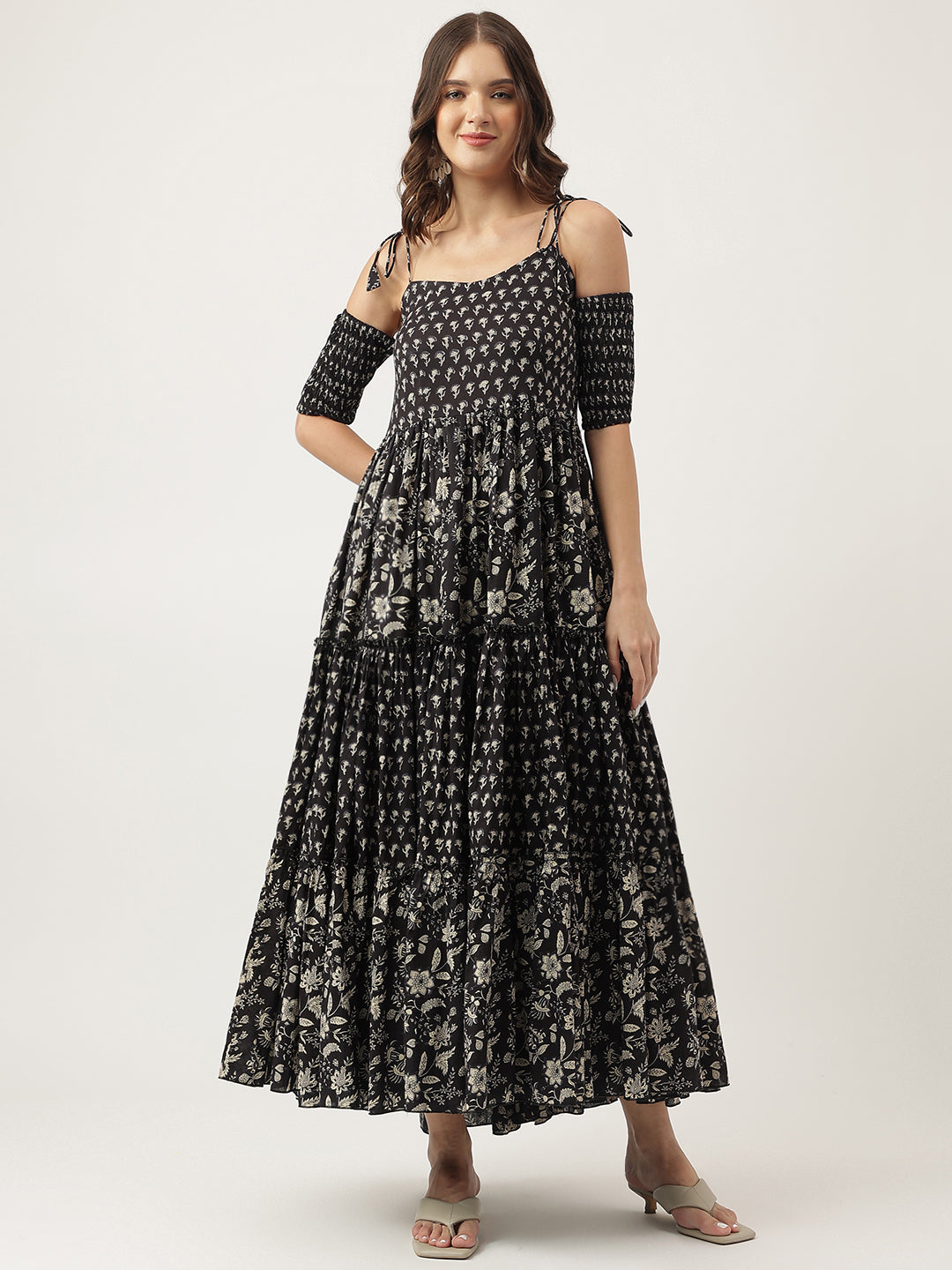 Floral Printed Cotton Cold Shoulder Tiered Party Wear Dress