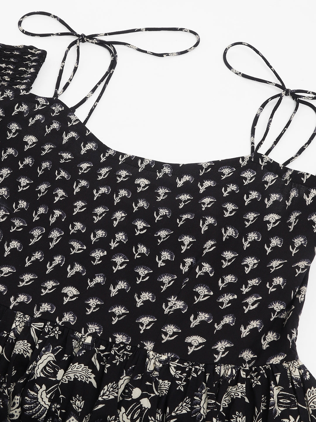 Floral Printed Cotton Cold Shoulder Tiered Party Wear Dress