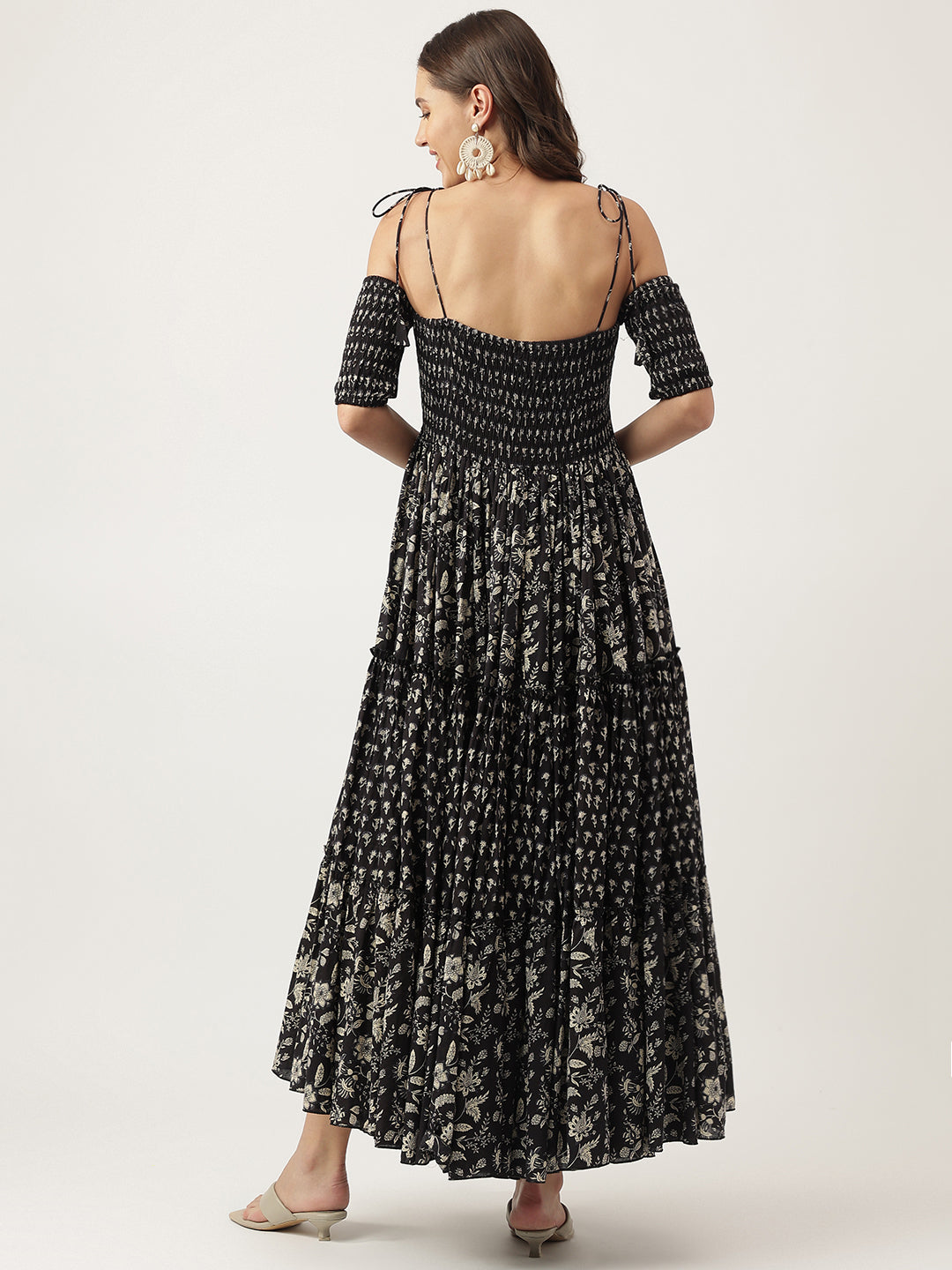 Floral Printed Cotton Cold Shoulder Tiered Party Wear Dress