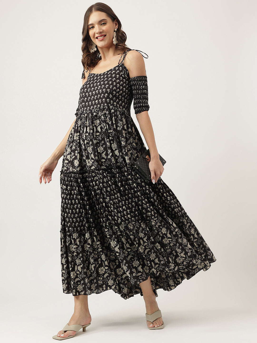 Floral Printed Cotton Cold Shoulder Tiered Party Wear Dress