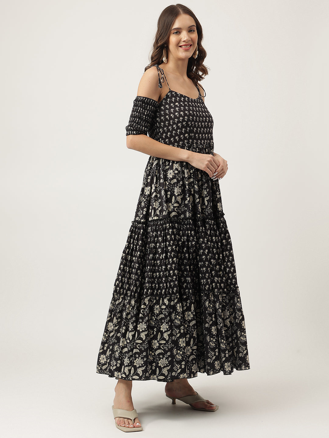 Floral Printed Cotton Cold Shoulder Tiered Party Wear Dress