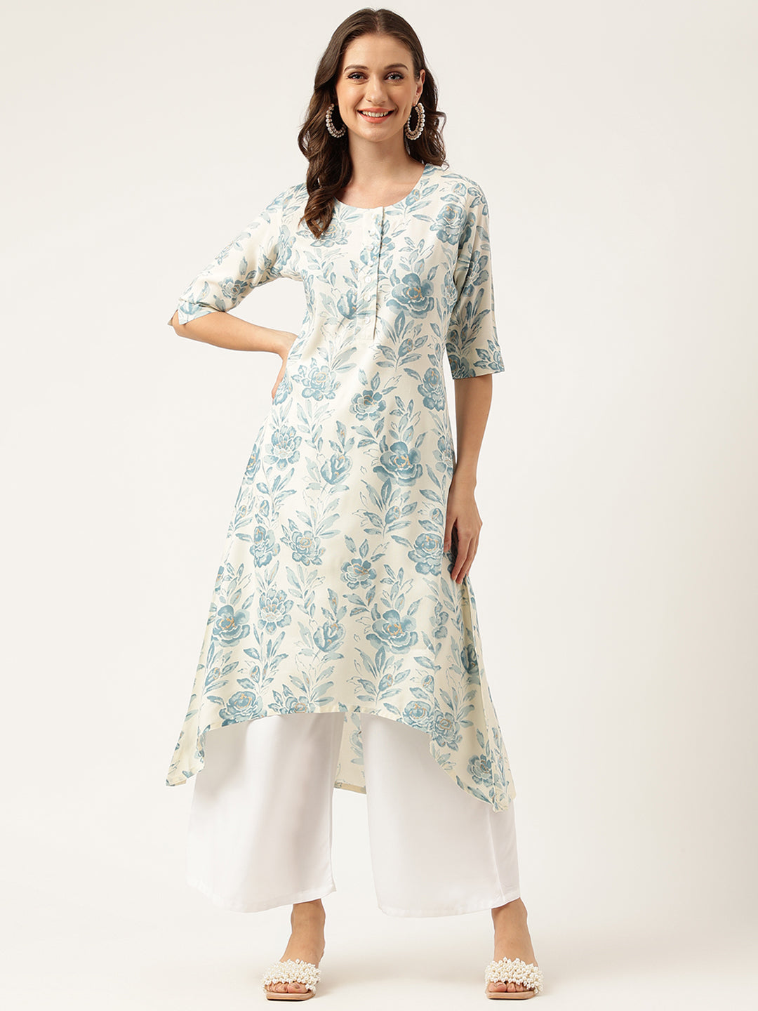 Ethnic Floral Print A-line Kurta with Asymetric Hemline