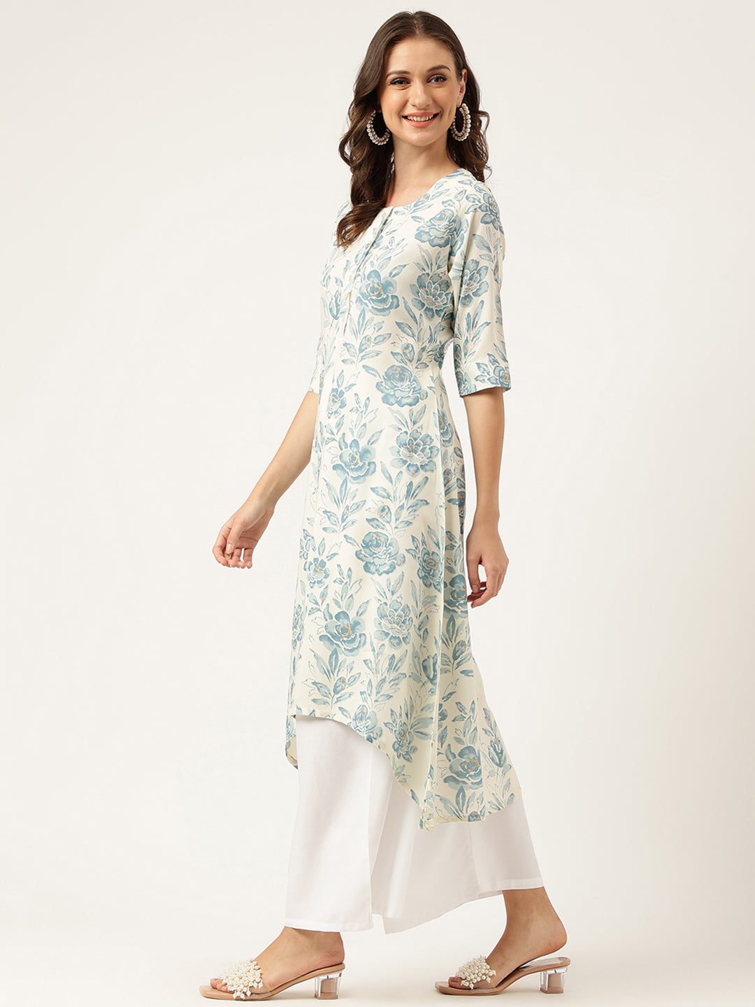 Ethnic Floral Print A-line Kurta with Asymetric Hemline
