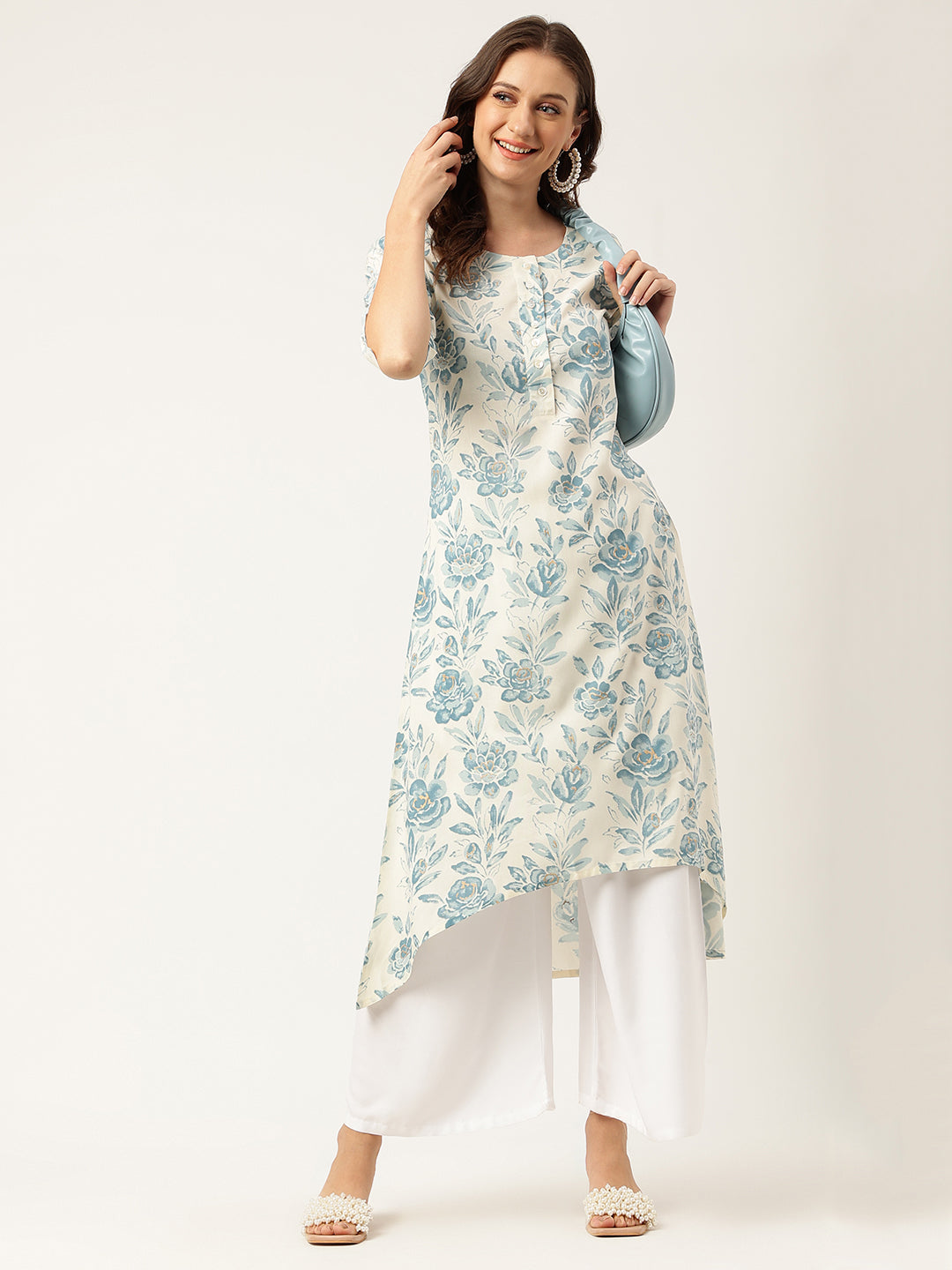 Ethnic Floral Print A-line Kurta with Asymetric Hemline