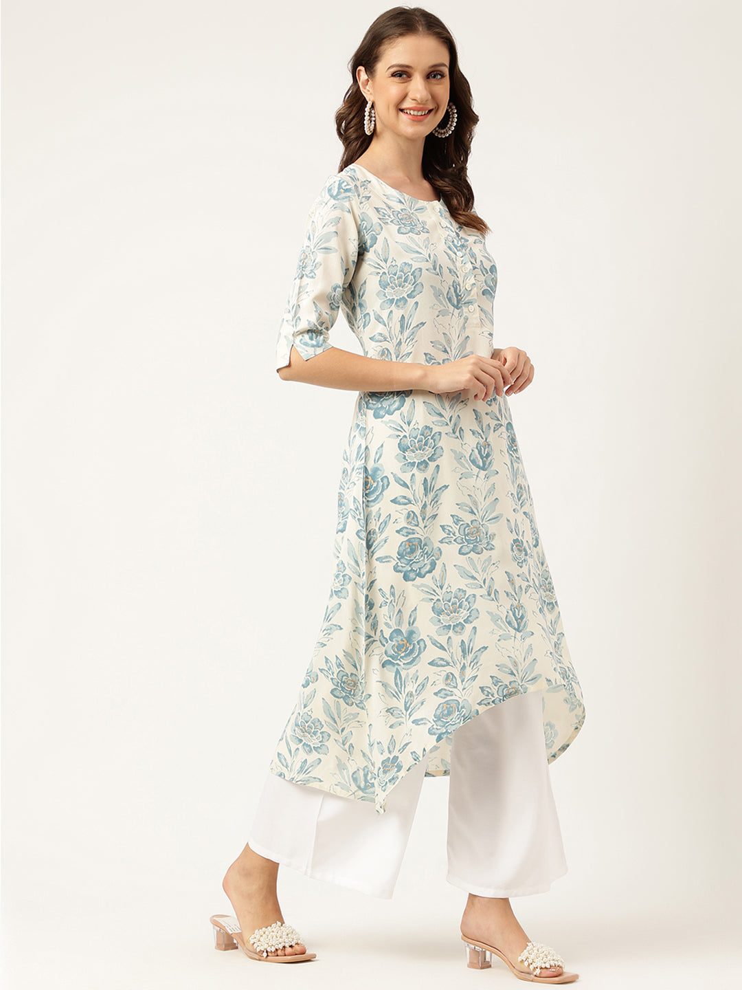 Ethnic Floral Print A-line Kurta with Asymetric Hemline