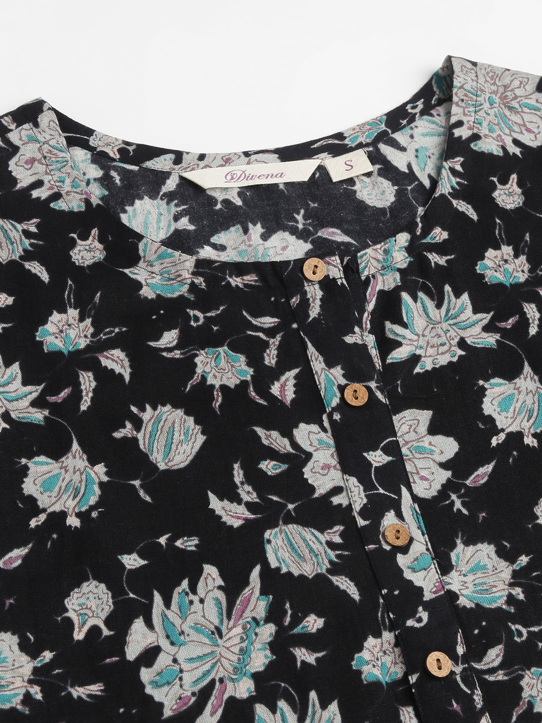 Ethnic Black Floral Print Straight Fit Cotton kurta