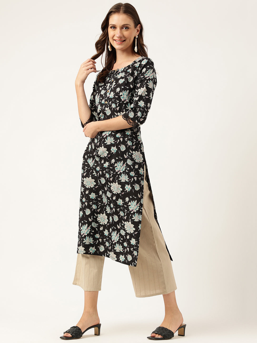 Ethnic Black Floral Print Straight Fit Cotton kurta
