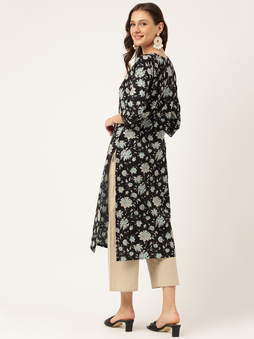 Ethnic Black Floral Print Straight Fit Cotton kurta