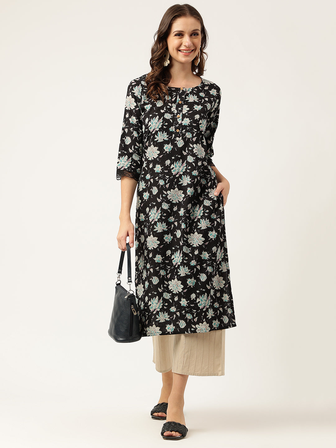 Ethnic Black Floral Print Straight Fit Cotton kurta