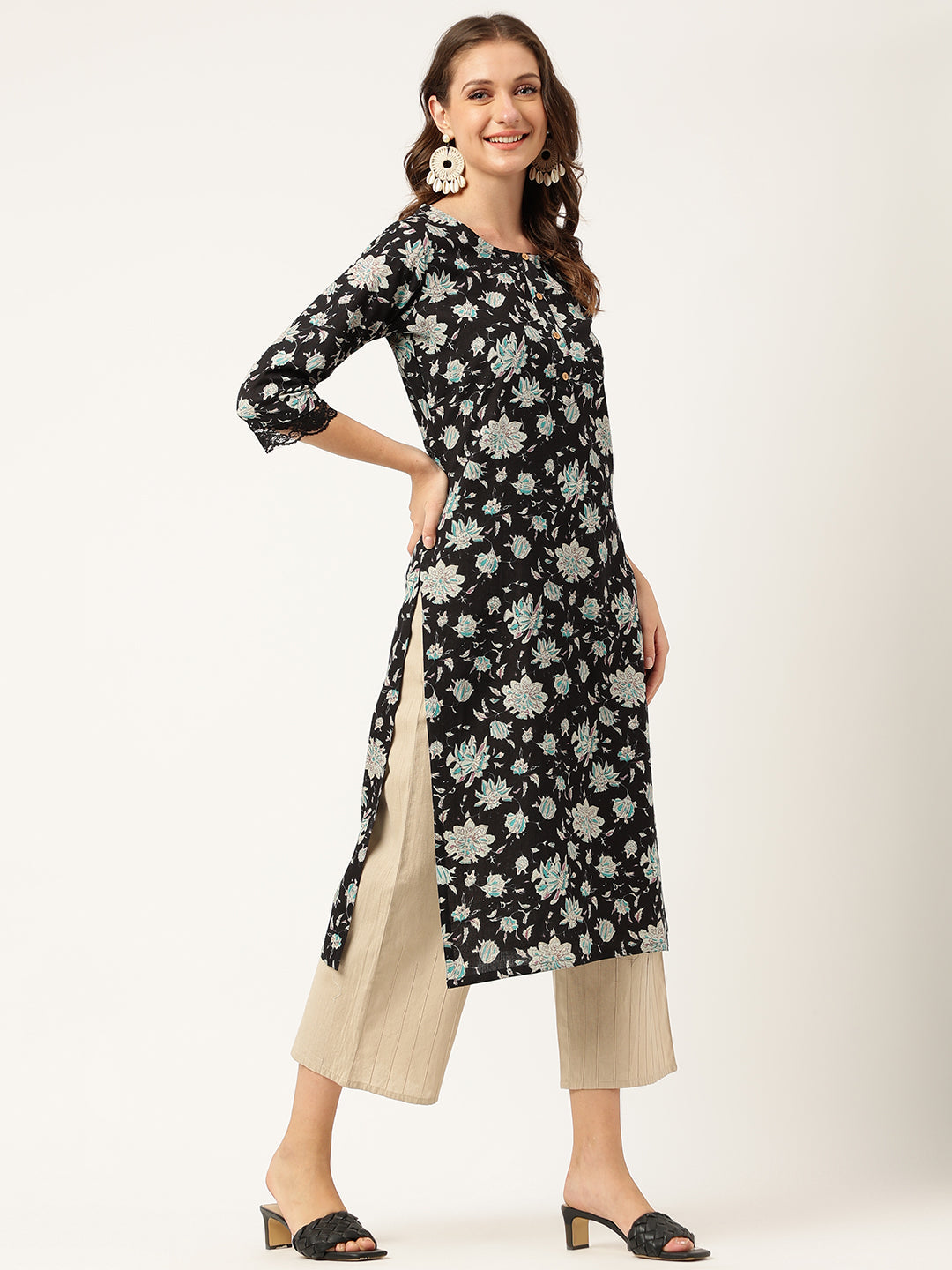 Ethnic Black Floral Print Straight Fit Cotton kurta