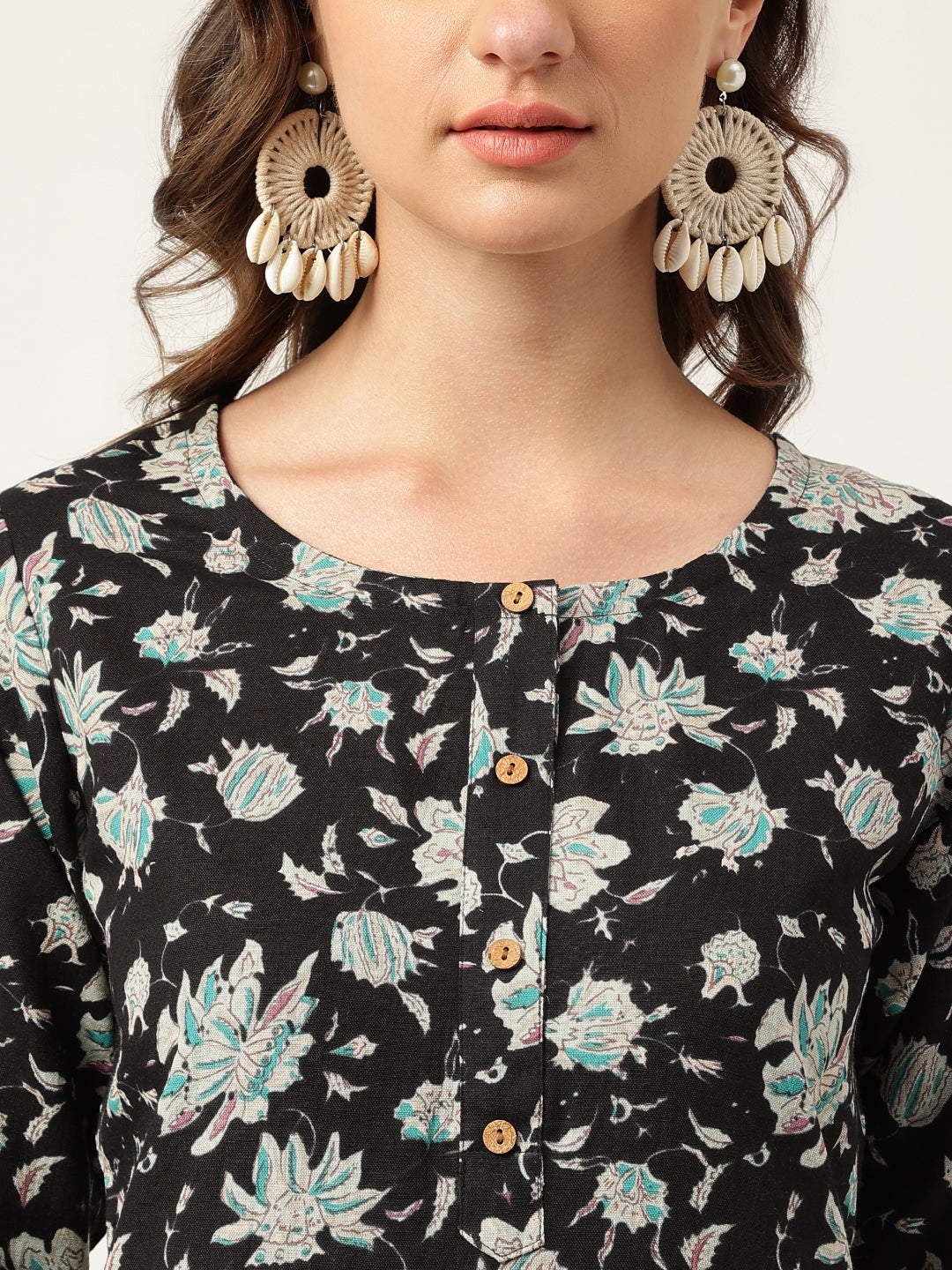 Ethnic Black Floral Print Straight Fit Cotton kurta