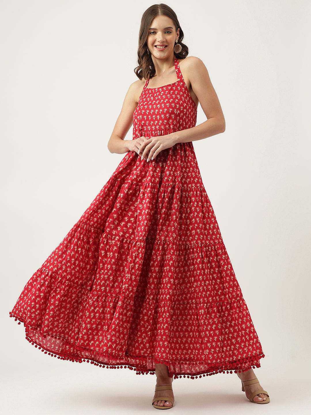 Red Floral Printed Cotton Ethnic Tiered Party Wear Dress