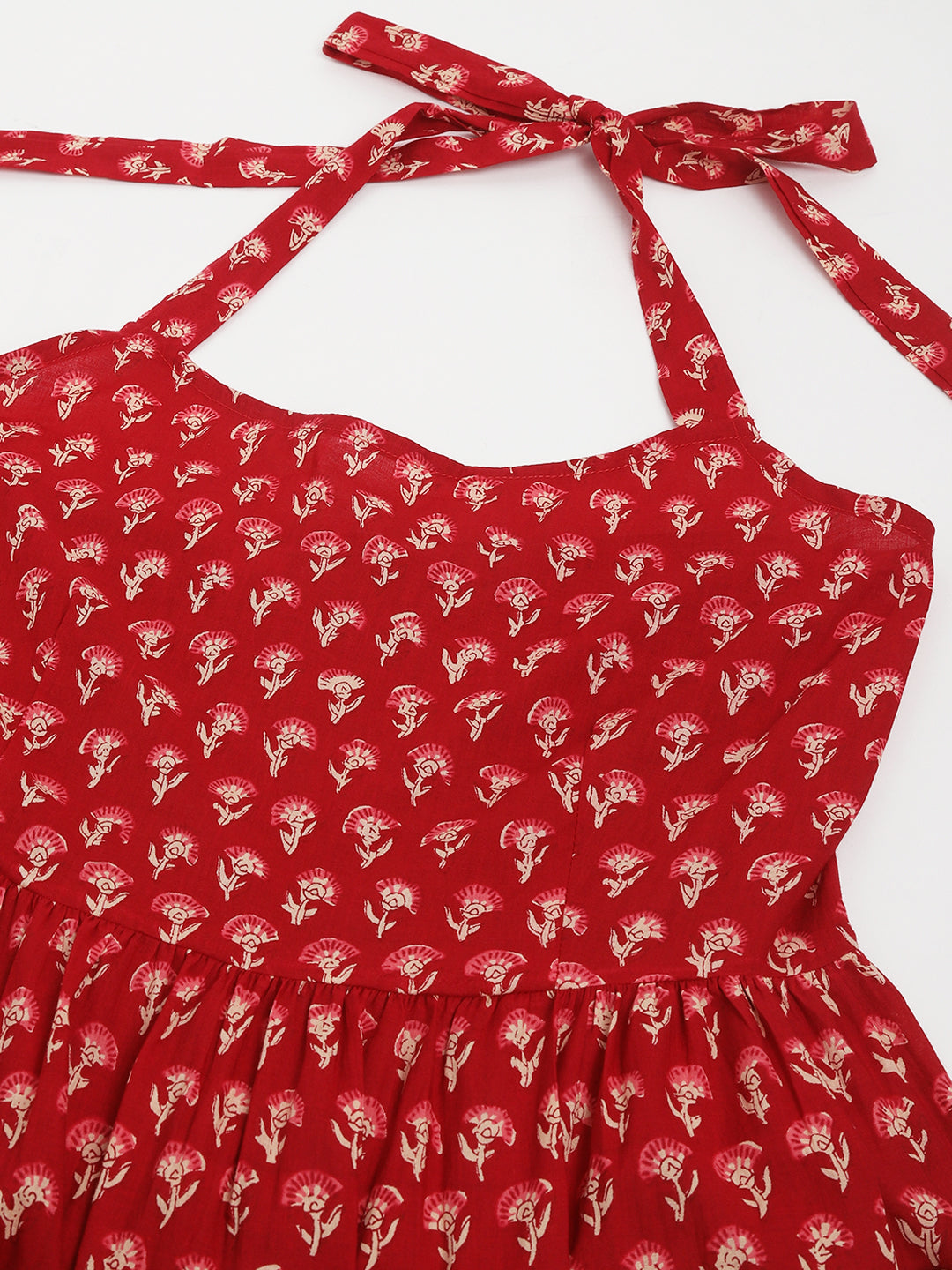 Red Floral Printed Cotton Ethnic Tiered Party Wear Dress