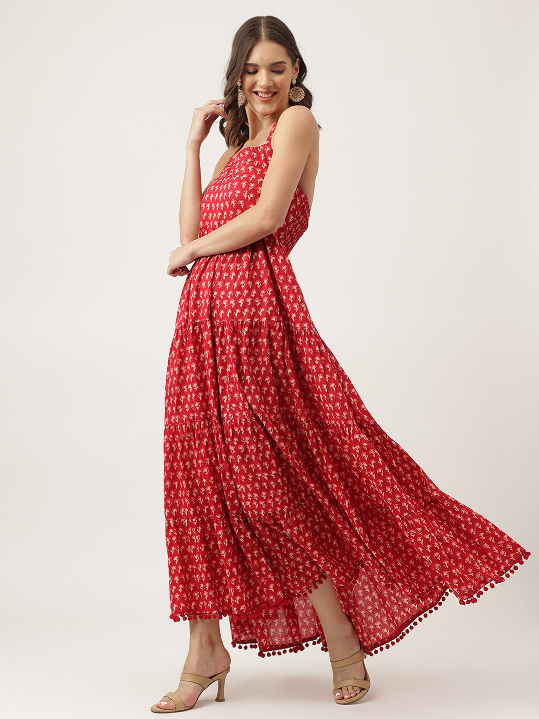 Red Floral Printed Cotton Ethnic Tiered Party Wear Dress